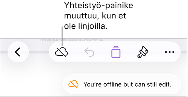 Näytön yläreunalla näkyy painikkeita, Yhteistyö-painike muuttuu pilven kuvaksi, jonka läpi menee vinottainen viiva. Näytöllä näkyvässä ilmoituksessa lukee ”Et ole linjoilla, mutta voit silti muokata.”