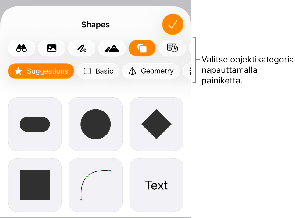 Avoimet Lisää-säätimet, joiden yläosassa on painikkeita taulukoiden, kaavioiden, tekstin, kuvioiden ja median lisäämiseen.