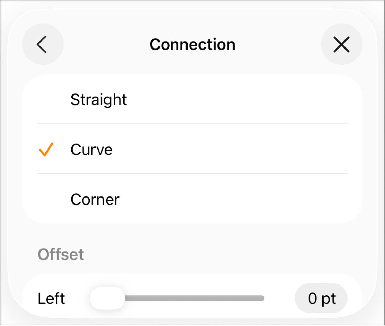 Les commandes Connexion avec l’option Courbe sélectionnée.