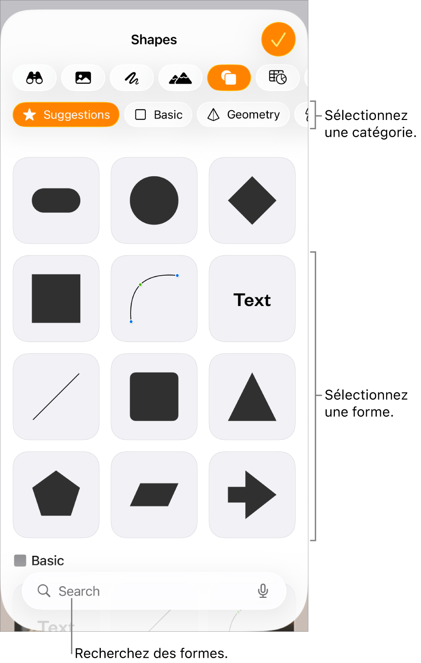 Bibliothèque de formes, les catégories étant affichées en haut et les formes, en bas. Utilisez le bouton de recherche situé en haut pour rechercher des formes. Balayez également l’écran pour en trouver d’autres.