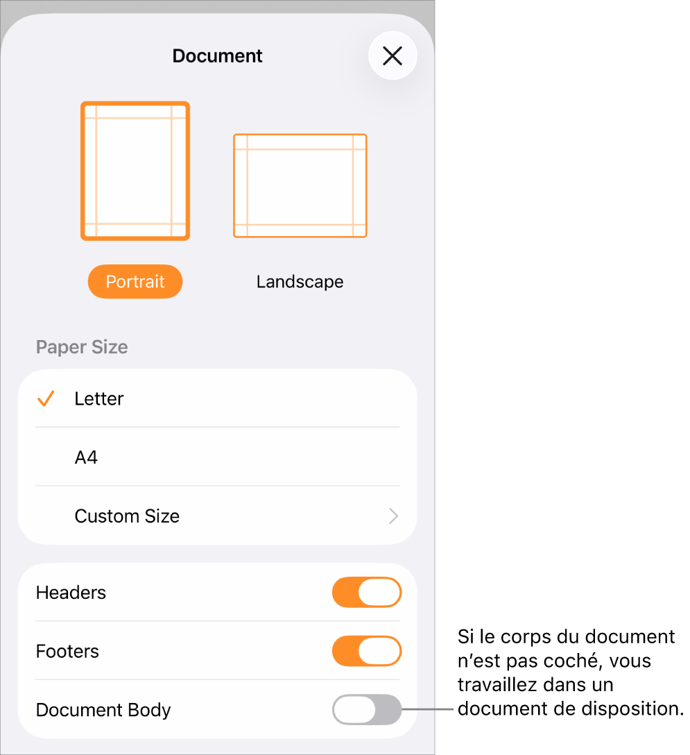 Document de mise en page avec la mise en page ouverte et l’option Corps du document non cochée.