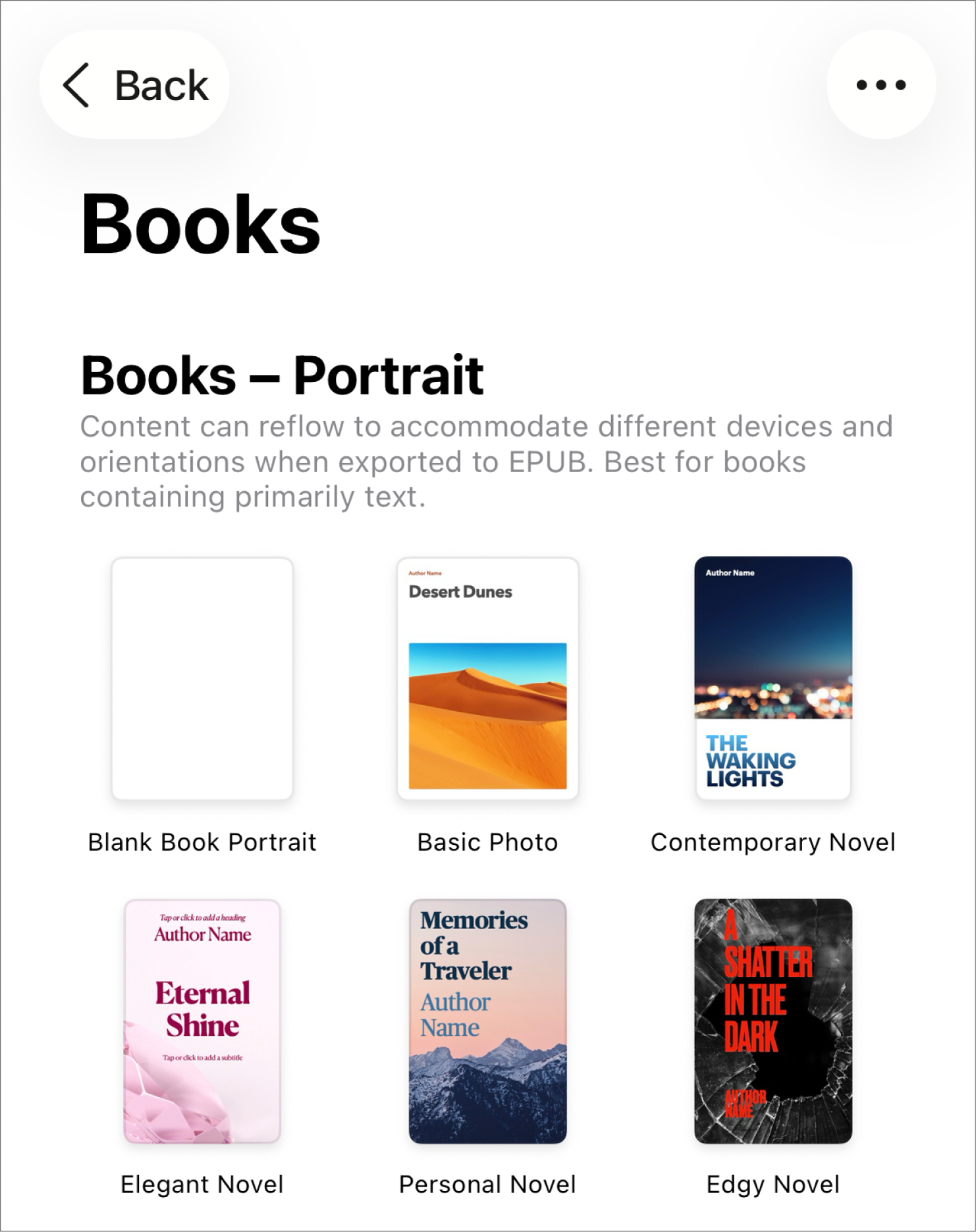 Le sélecteur de modèles avec modèles de livre en orientation Portrait au-dessus et en orientation Paysage en dessous.