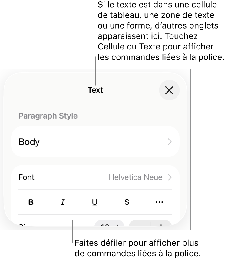 Commandes de texte du menu de format permettant de définir les styles, la police, la taille et la couleur des paragraphes et des caractères.