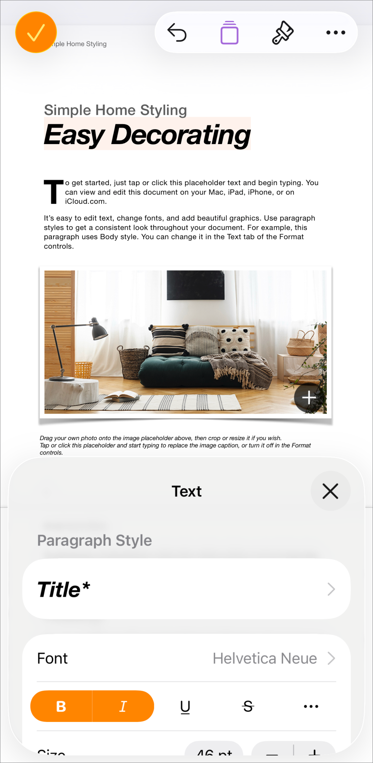 Dans un document ouvert, le texte est sélectionné et les options de texte sont affichées au bas.