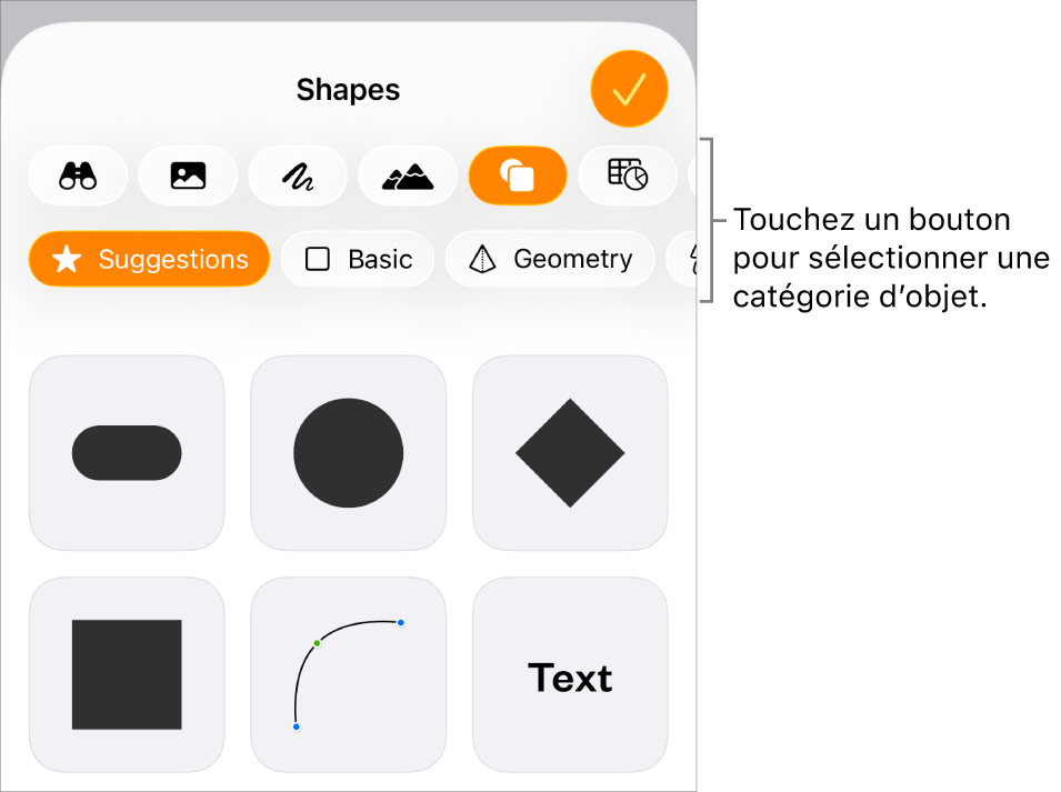 Commandes pour l’ajout d’un objet, avec des boutons en haut permettant de sélectionner des tableaux, des graphiques, des formes (notamment des lignes et zones de texte) et du contenu multimédia.