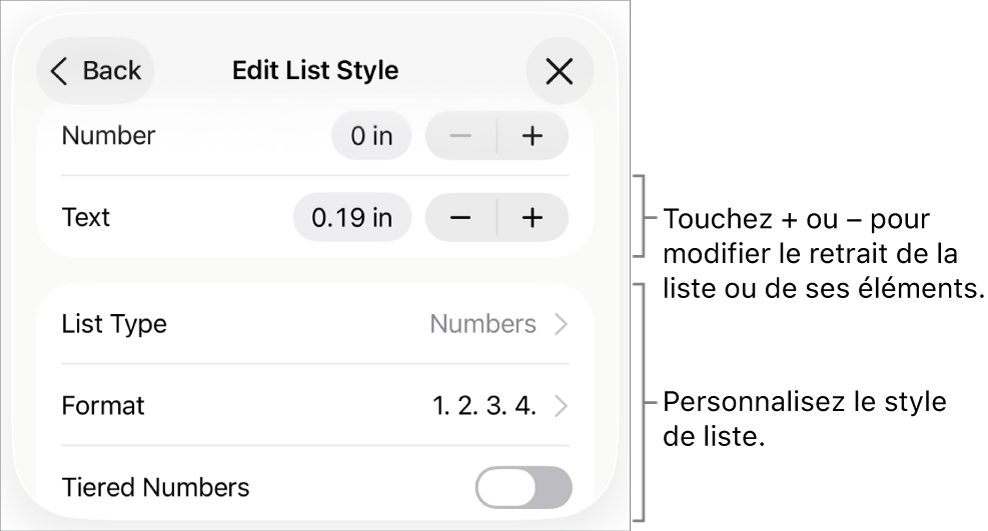Menu Modifier le style de liste avec les commandes pour le retrait, le type et le format de liste, la numérotation progressive, et l’espacement des lignes.