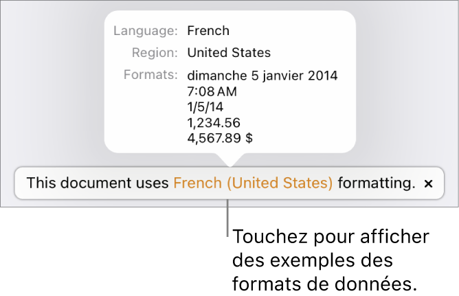 La notification du réglage de langue et de région différent affichant des exemples de la mise en forme correspondant à cette langue et à cette région.