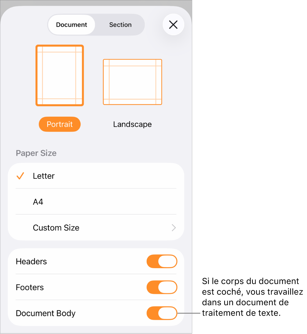 Document de traitement de texte avec la mise en page ouverte et l’option Corps du document cochée.
