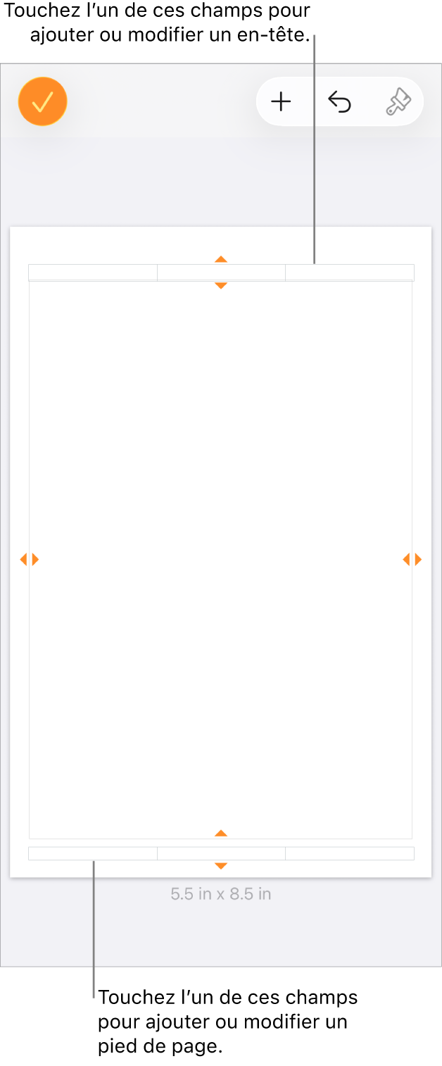 Présentation Plus d’options avec trois champs en haut du document pour les en-têtes et trois champs en bas pour les bas de page.