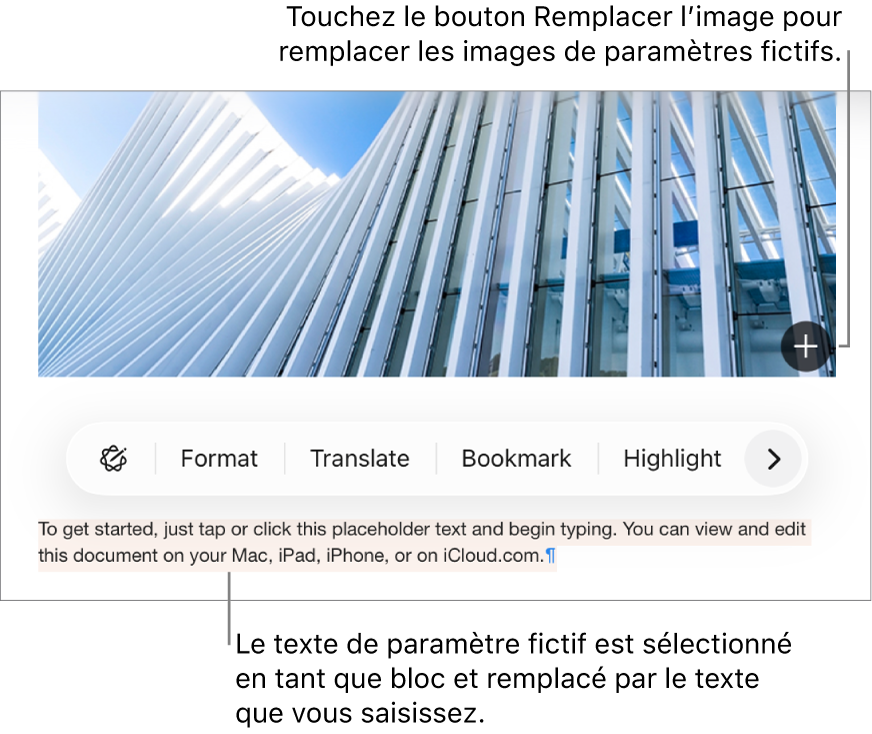 Texte et images de paramètre fictif.