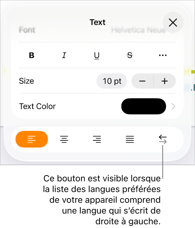 Commandes de texte du menu Format avec le bouton De droite à gauche accompagné d’une légende.