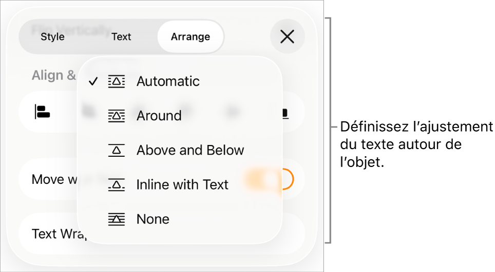 Les commandes « Ajuster au texte » avec les réglages Automatique, Autour, Au-dessus et en dessous, Incorporé au texte et Aucun.