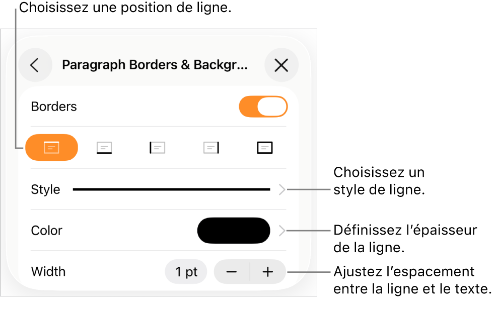 Commandes permettant de modifier le style, l’épaisseur, la position et la couleur de la ligne.