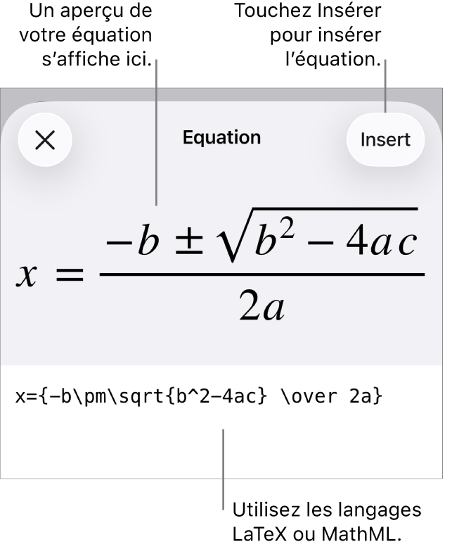 Zone de dialogue Équation, affichant une équation composée à l’aide des commandes MathML et aperçu de la formule au-dessus.