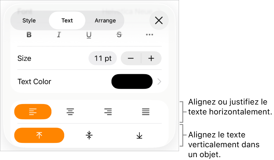 La sous-fenêtre Disposition avec les légendes des boutons d’alignement et d’espacement de texte.