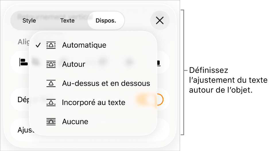 Les commandes « Ajustement du texte » avec des réglages pour Automatique, Autour, Au-dessus et en dessous, Incorporé au texte et Aucun.
