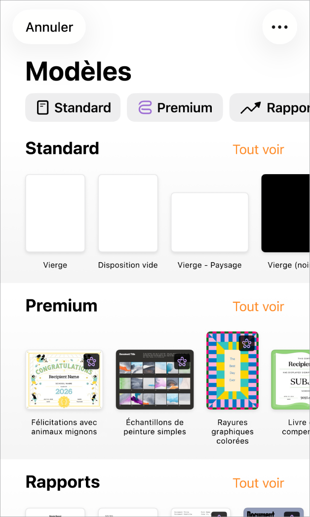 La liste de modèles, avec un rang de catégories en haut que vous pouvez toucher pour filtrer les options. En dessous, vous trouverez les vignettes des modèles prédéfinis disposées en rangs par catégorie, en commençant par Nouveau en haut, puis Récents et Standard. Un bouton Tout afficher apparaît à droite au-dessus du rang de chaque catégorie. Le bouton Langue et région se trouve dans le coin supérieur droit.