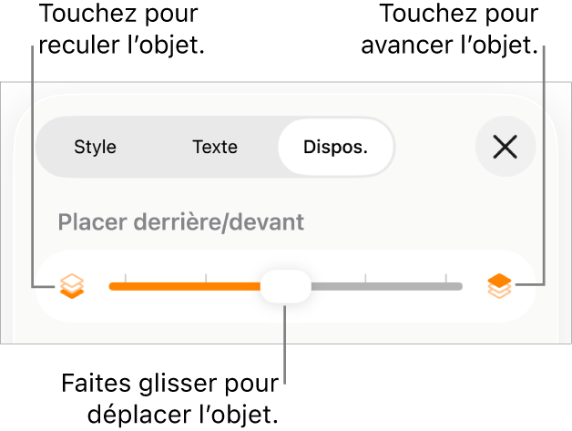 Le bouton de déplacement vers l’arrière, le bouton de déplacement vers l’avant et le curseur de superposition.
