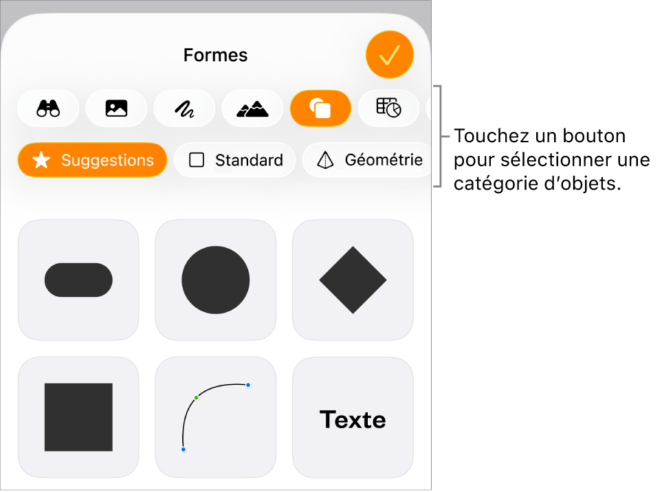 Commandes d’ajout d’objet, avec des boutons en haut pour sélectionner des tableaux, des graphiques, des figures (notamment des lignes et zones de texte) et du contenu multimédia.