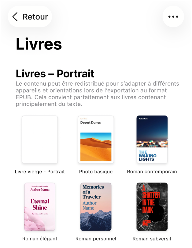 La liste de modèles avec les modèles de livre en orientation portrait en haut et en orientation paysage en dessous.