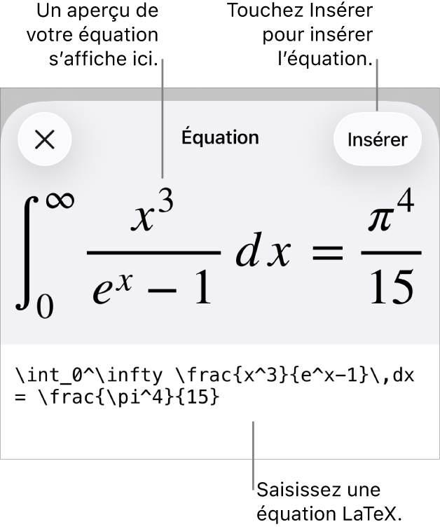 Zone de dialogue Équation, affichant une équation composée à l’aide des commandes LaTeX, et un aperçu de la formule au-dessus.