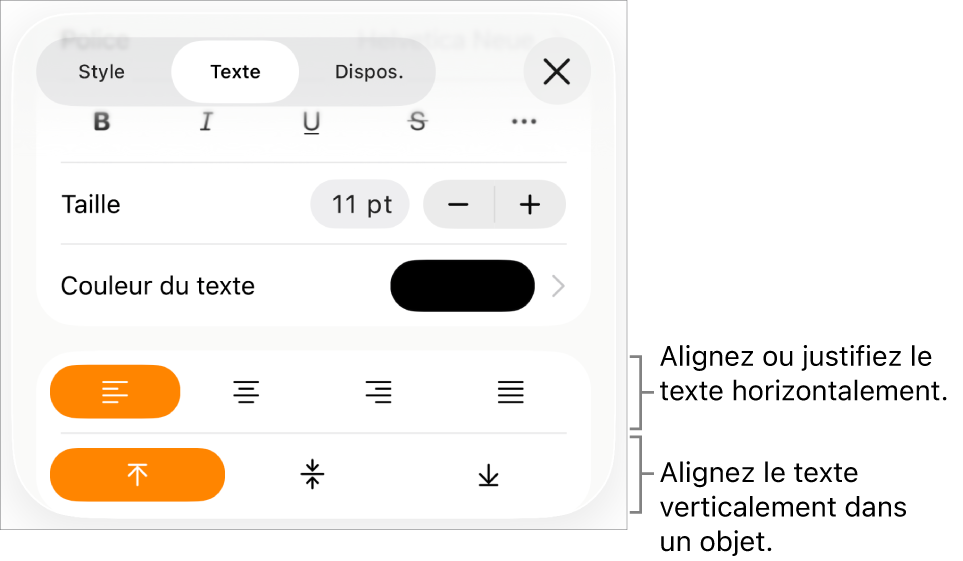 La sous-fenêtre Disposition avec les légendes des boutons d’alignement et d’espacement de texte.