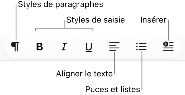 Barre des formats rapide avec des icônes pour les styles de paragraphe, les styles de saisie, l’alignement du texte, les puces et listes, ainsi que l’insertion d’éléments.
