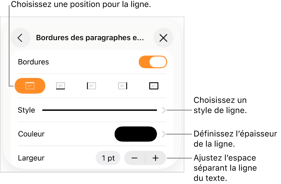 Commandes permettant de modifier le style, l’épaisseur, la position et la couleur de la ligne.