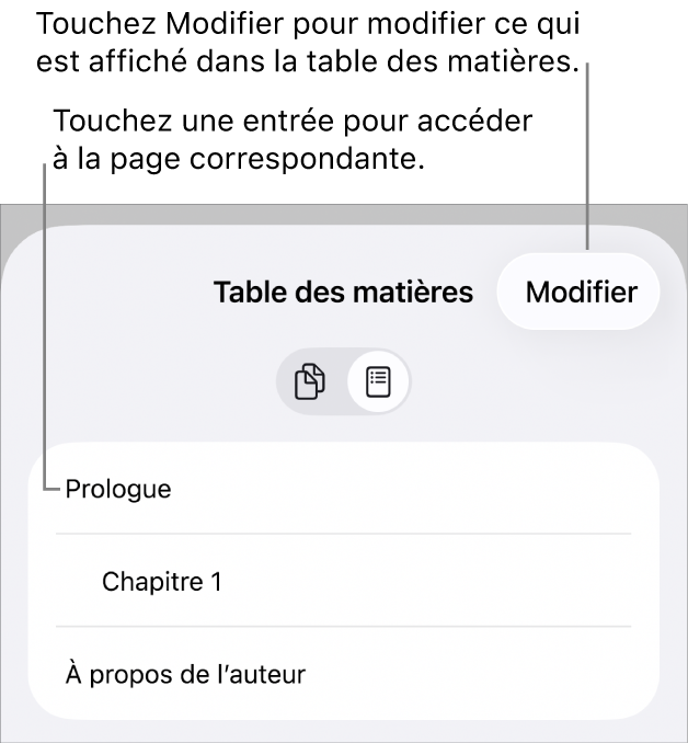 La présentation de la table des matières avec des titres dans une liste. Un bouton Modifier se trouve dans le coin supérieur droit, et les boutons Table des matières et Vignettes de page sont au bas de l’écran.