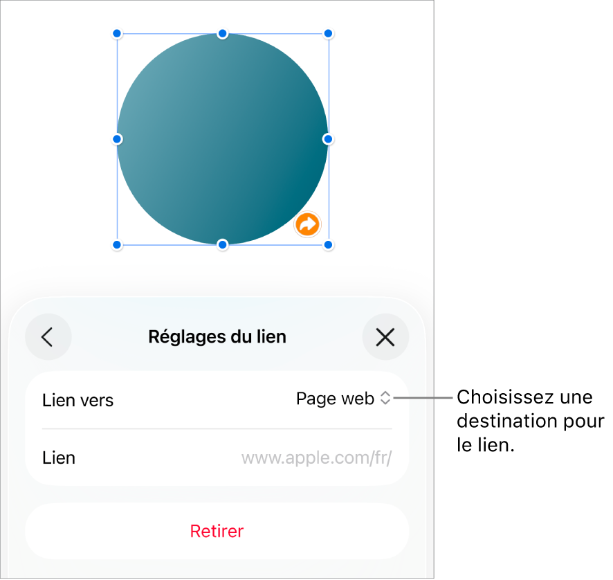 Les commandes « Réglages du lien » avec une page web sélectionnée et le bouton Supprimer en bas.