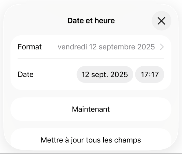 Les commandes Date et heure affichant un menu local pour le format de date, ainsi que des boutons Maintenant et Mettre à jour tous les champs.