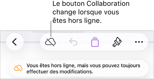 Les boutons en haut de l’écran, avec le bouton Collaboration remplacé par un nuage barré d’une ligne diagonale. Une alerte à l’écran indique « Vous êtes hors ligne, mais vous pouvez toujours effectuer des modifications ».