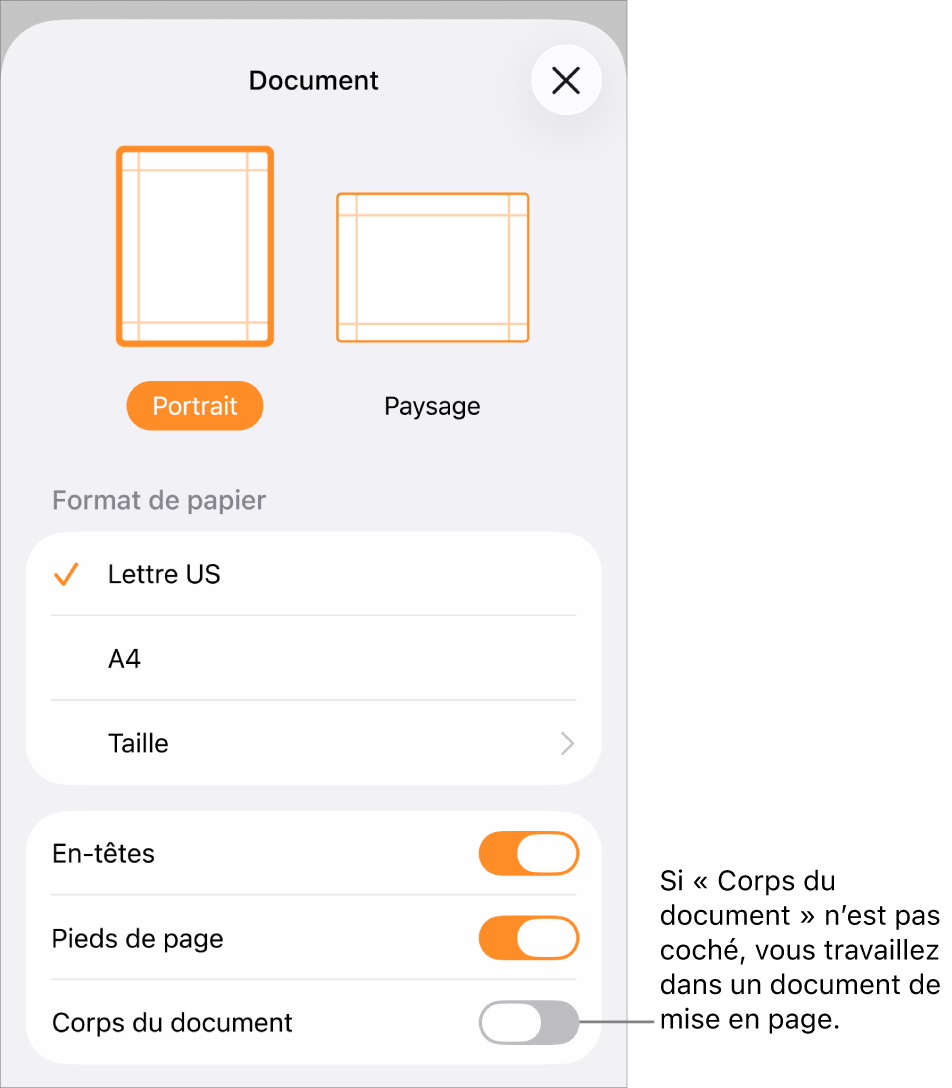 Section Mise en page ouverte avec l’option Corps du document non cochée dans un document de mise en page.