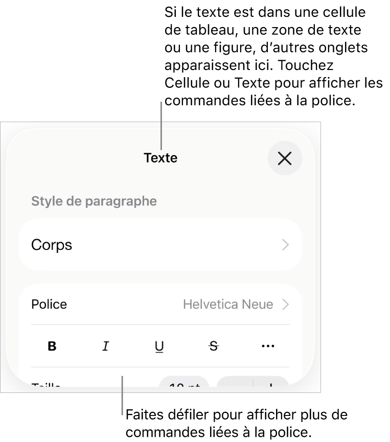 Commandes de texte du menu Format permettant de définir les styles, la police, la taille et la couleur des paragraphes et des caractères.