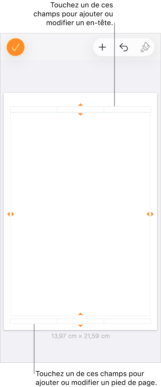 La présentation « Plus d’options » avec trois champs en haut du document pour les en-têtes et trois champs en bas du document pour les pieds de page.