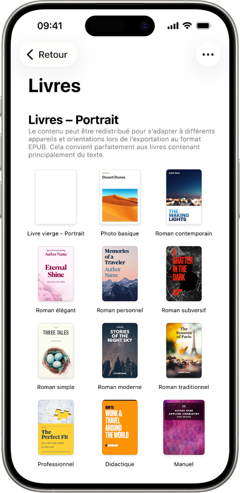 La liste de modèles avec les modèles de livre en orientation portrait en haut et en orientation paysage en dessous.