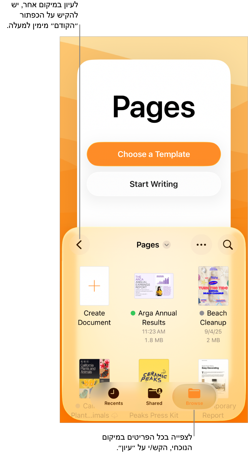 תצוגת העיון של מנהל המסמכים עם הכפתור ״הקודם״ בפינה הימנית העליונה ומתחתיו שדה חיפוש. מתחת לשדה החיפוש נמצא הכפתור ״יצירת מסמך״ לצד תמונות ממוזערות של מסמכים קיימים. בפינה השמאלית העליונה ישנם הכפתורים ״אחרונים״, ״משותפים״ ו״עיון״.