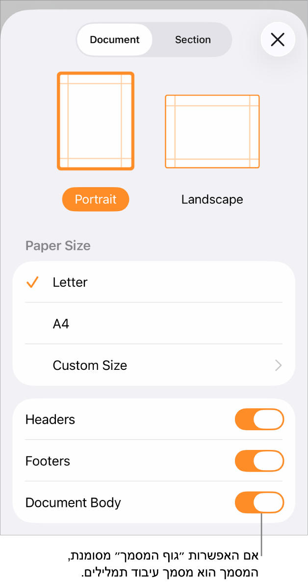 במסמך עיבוד תמלילים המקטע ״הגדרות המסמך״ פתוח ו״גוף המסמך״ ומסומן.