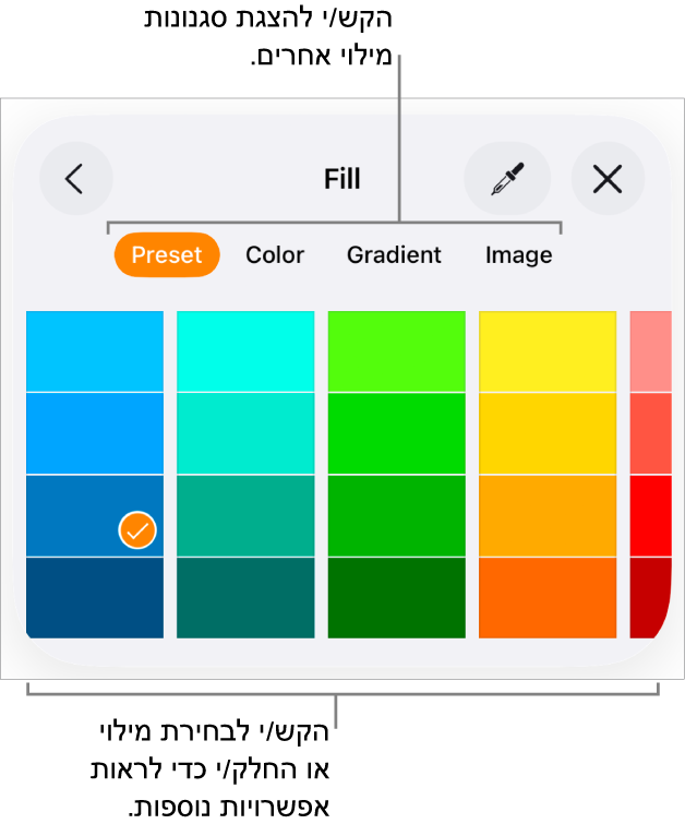 אפשרויות מילוי בכרטיסייה ״סגנון״ של הכפתור ״עיצוב״.