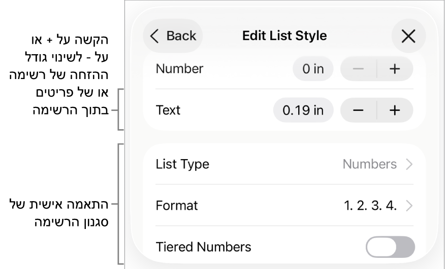 התפריט ״עריכת סגנון רשימה״ עם כלי בקרה לריווח הזחות, סוגים ועיצובים של רשימות, מספרים בהירארכיה וריווח שורות.