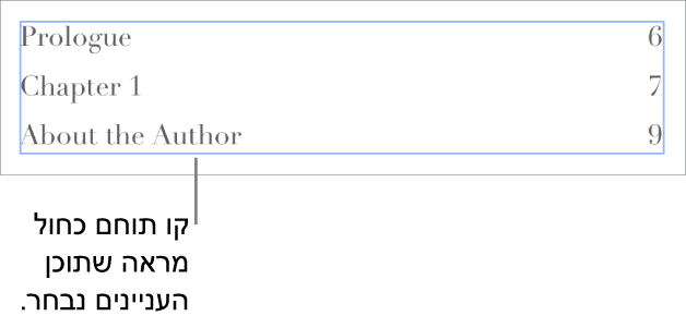 תוכן עניינים נוסף לתוך מסמך ערכים המציגים כותרות עליונות עם מספרי עמודים.