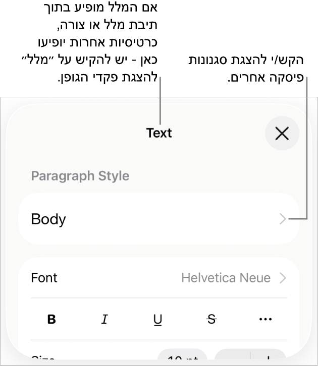 תפריט ״עיצוב״ עם כלי בקרה של מלל להגדרת סגנונות, גופן, גודל וצבע עבור פיסקאות ותווים.
