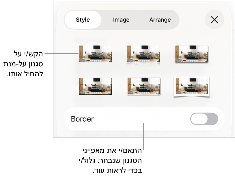 הכרטיסייה ״סגנון״ בתפריט ״עיצוב״ עם סגנונות אובייקטים בחלק העליון ומתחת להם כלי בקרה לשינוי הגבול.