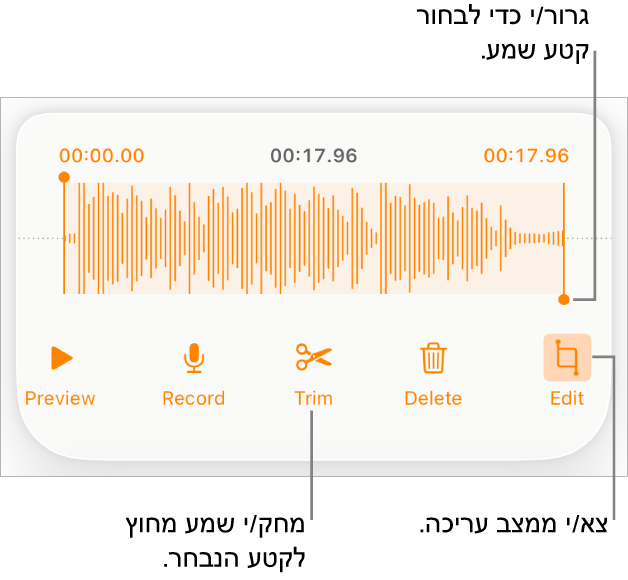 כלי הבקרה לעריכת שמע שהוקלט. ידיות האחיזה מציינות את המקטע שנבחר מתוך ההקלטה, והכפתורים ״תצוגה מקדימה״, ״הקלט״, ״חתוך״, ״מחק״ ו״מצב עריכה״ נמצאים מתחת.