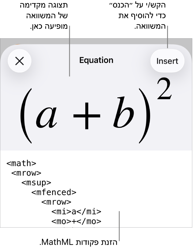 תיבת הדו‑שיח ״משוואה״, מציגה משוואה שכתובה באמצעות פקודות MathML, עם תצוגה מקדימה של הנוסחה למעלה.