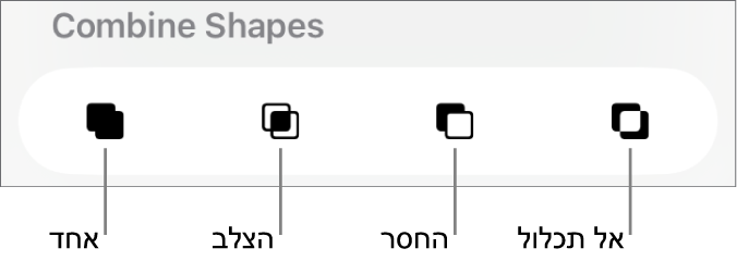 הכפתורים ״אחד״, ״הצלב״, ״החסר״ ו״אל תכלול״ מתחת ל״צורות משולבות״.
