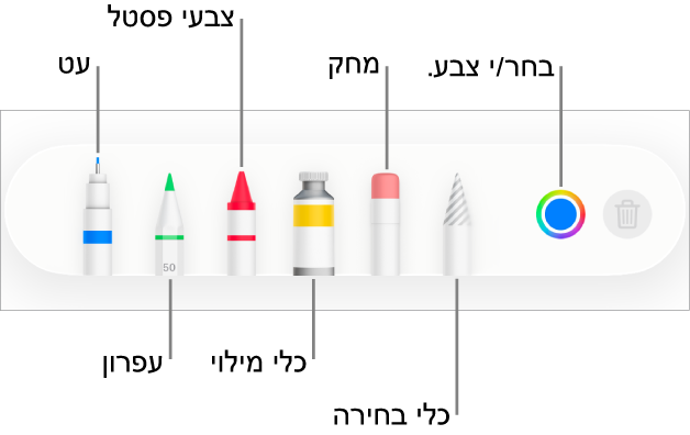 סרגל הכלים של ציור ב-Pages ל-iPhone עם עט, עיפרון, צבעי פנדה, כלי מילוי, מחק, כלי בחירה ומאגר צבעים המציג את הצבע הנוכחי.