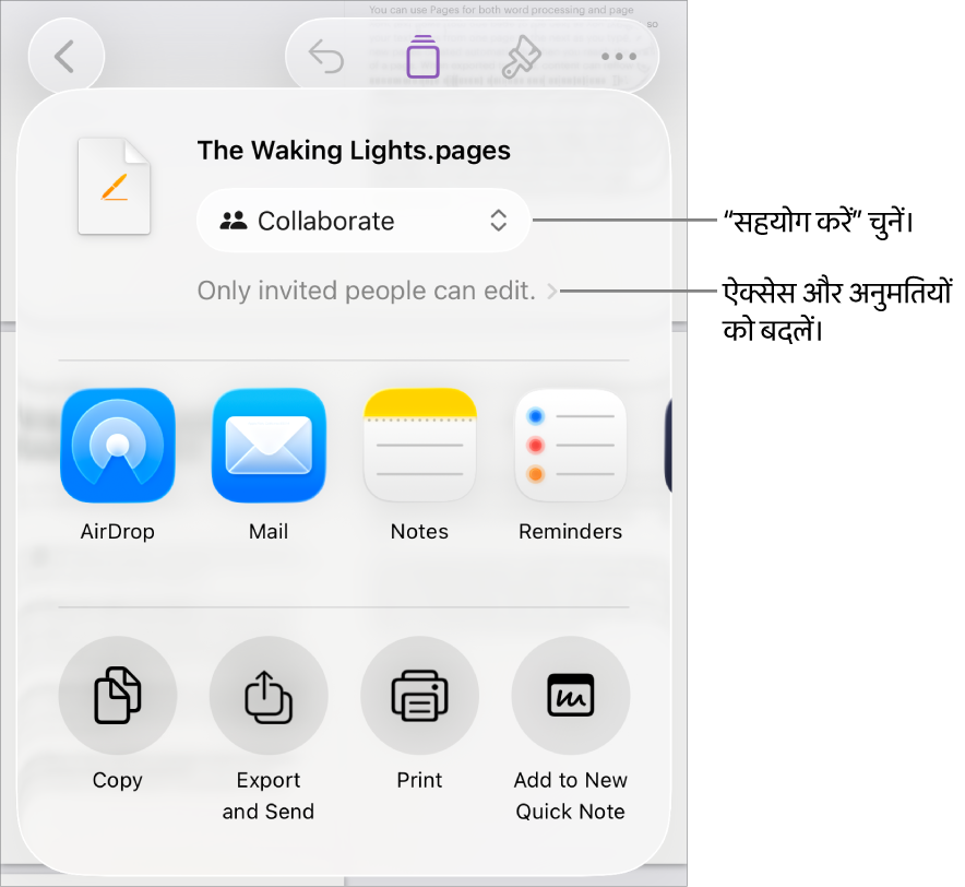 “शेयर करें” मेनू और शीर्ष पर “सहयोग करें” तथा नीचे ऐक्सेस और अनुमतियाँ चुनी हुई हैं।