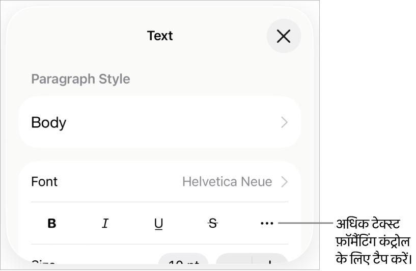 फ़ॉर्मैट नियंत्रण का टेक्स्ट टैब कॉलआउट वाले अधिक टेक्स्ट विकल्प बटन के साथ।