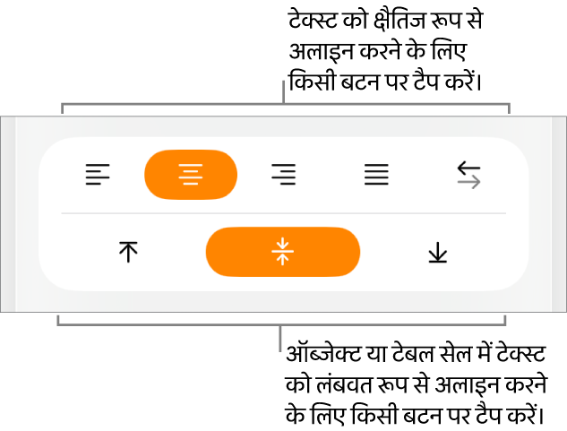टेक्स्ट के लिए क्षैतिज और लंबवत अलाइनमेंट बटन।